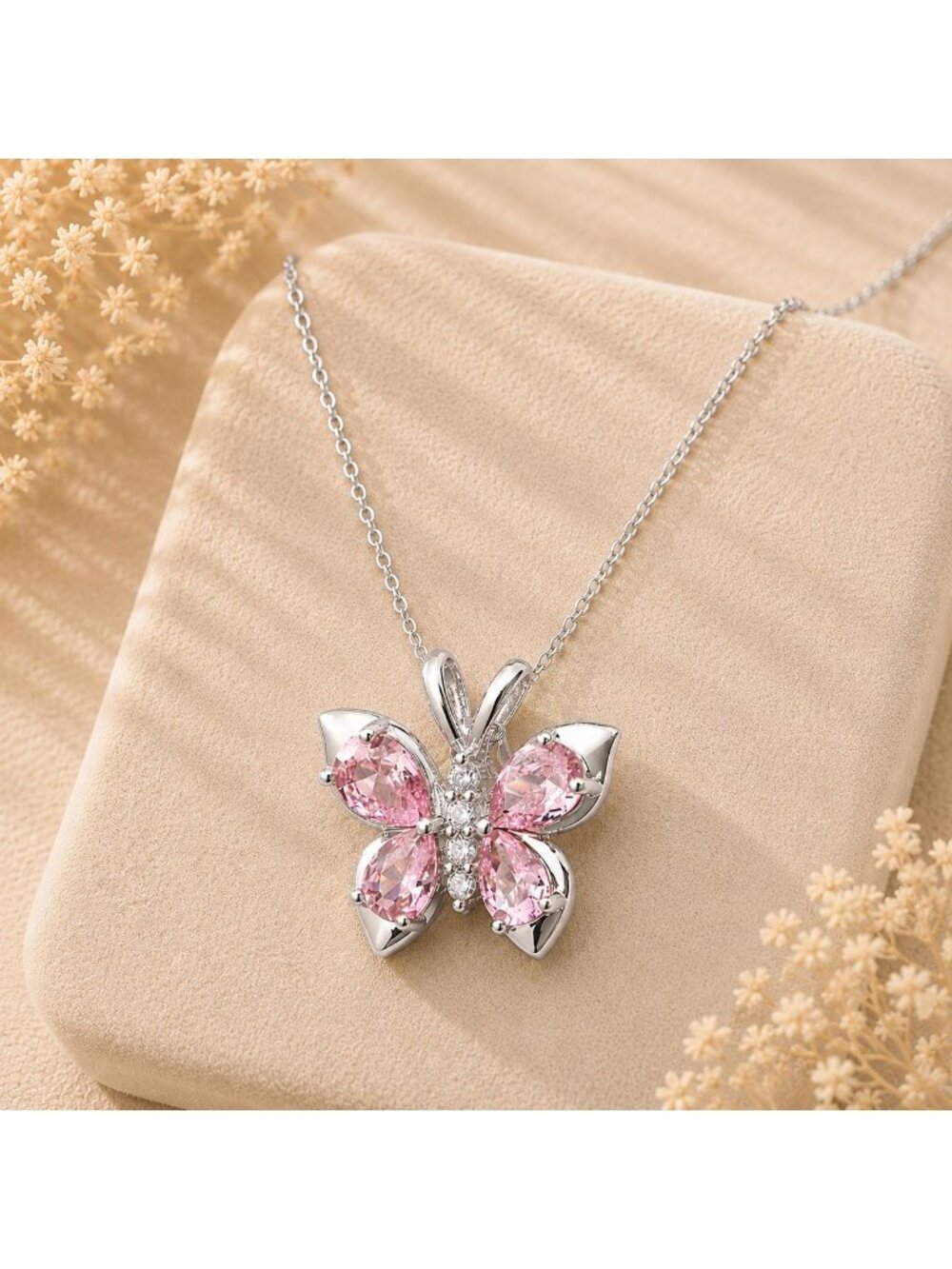 Vintage Pink Swarovski Crystal Butterfly Necklace Sterling Overlay 16" Chain